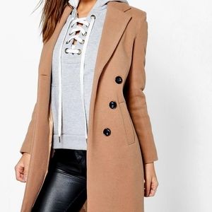 NWOT Boohoo double breasted camel duster coat